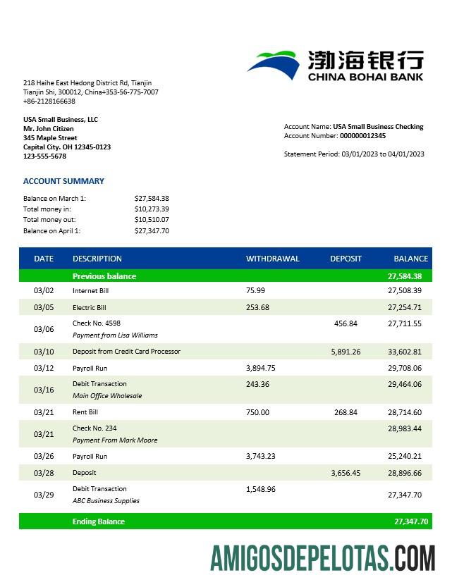 Baixável China Bohai Bank Business Statement modelo Word e PDF